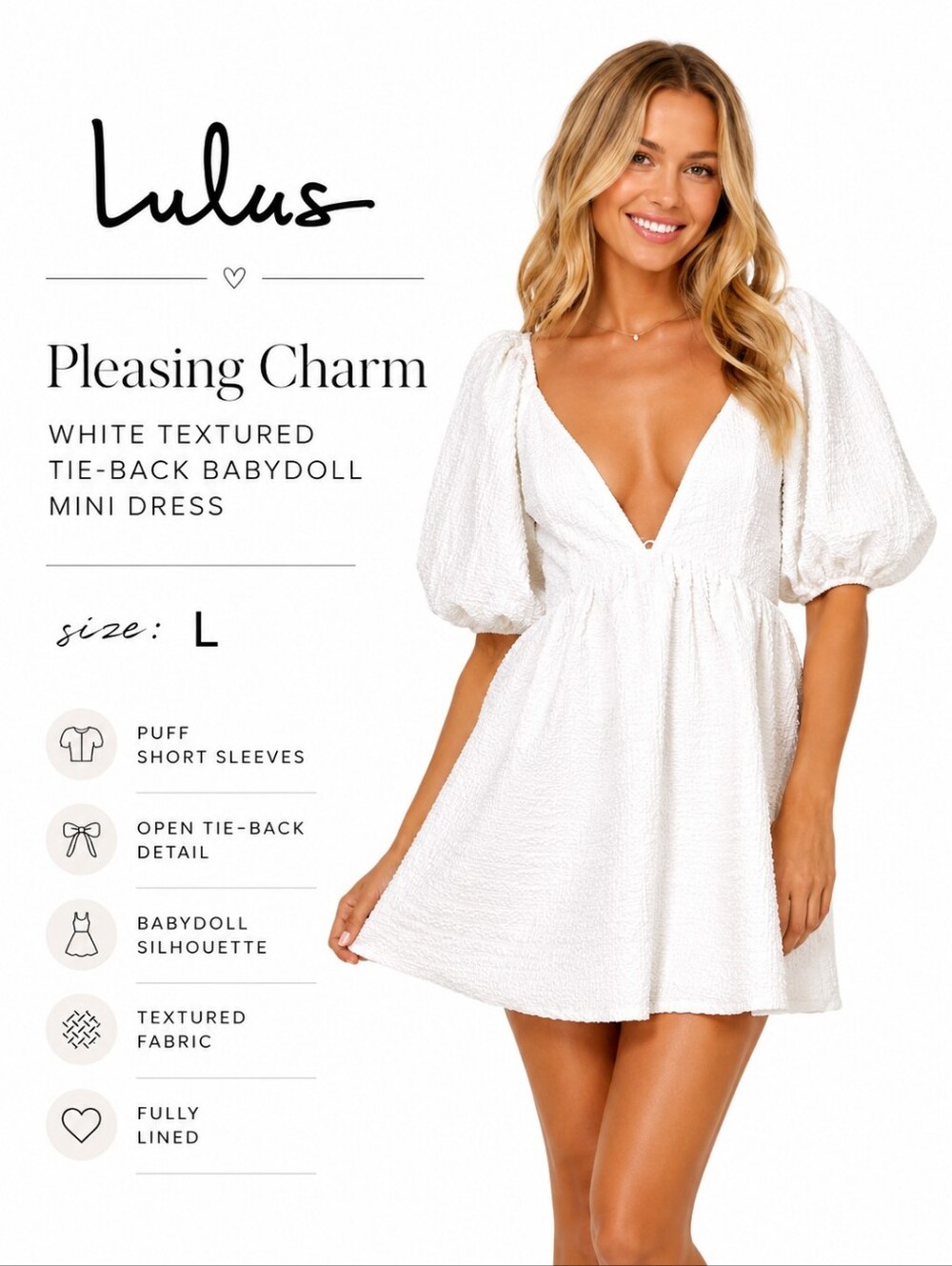 Lulus Pleasing Charm White Textured Tie-Back Babydoll Mini Dress Size Large